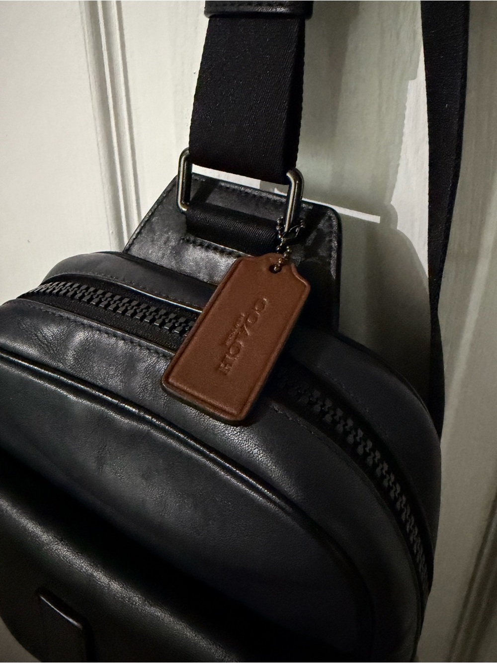 Coach Black Signature Crossbody Sling with Brown Trim and Red Accent - Picture 3 of 7